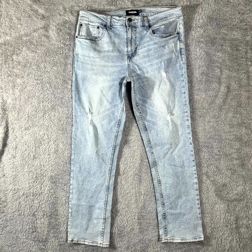 RSQ Jeans Mens 34X32 Blue Denim Cotton‎ Stretch Distressed Slim Fit Straight Leg